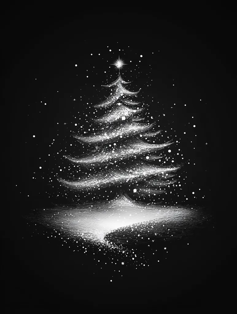 A white, stylized Christmas tree is depicted against a black background. The tree is adorned with a star at its peak and surrounded by small white dots, resembling falling snow. The image creates a minimalist and elegant representation of the festive season.  The lines of the tree create a soft and ethereal effect, adding to the overall sense of wonder and magic.