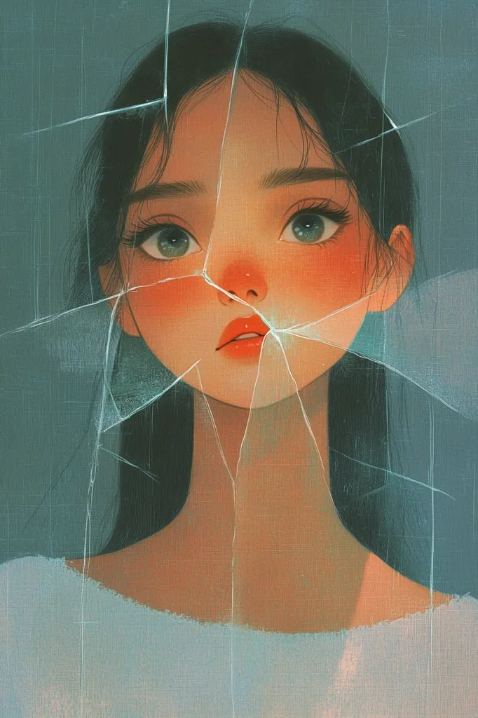 The image depicts a young woman with long black hair, her face partially obscured by a cracked pane of glass. Her eyes are wide and expressive, with a hint of sadness. The cracked glass symbolizes a broken spirit or a shattered reality. The woman's soft features and delicate skin contrast with the sharp edges of the glass, creating a powerful visual metaphor. The overall tone of the image is melancholic, hinting at a sense of vulnerability and fragility.