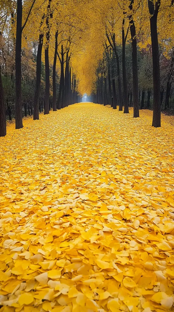 A long, straight path lined with tall, bare trees leads through a forest. The ground is completely covered in bright yellow fallen leaves, creating a stunning golden carpet. The sunlight filters through the trees, illuminating the scene in a warm glow.  The image evokes a sense of tranquility and serenity, capturing the beauty of autumn.