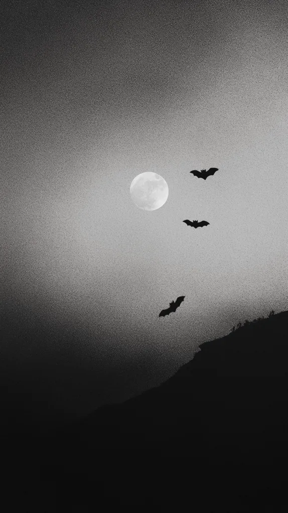 A black and white image of a night sky with three bats flying. There is a full moon shining in the sky. The bats are flying in a diagonal line. The image is grainy and has a vintage feel. The sky is dark and the moon is bright. The bats are silhouetted against the sky. The image is mysterious and evocative.
