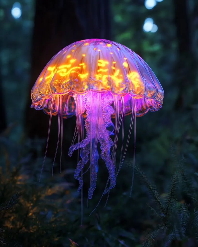 A translucent, bioluminescent jellyfish with a bell of orange and purple hues hangs in a dark, forest setting. Its long, thin tentacles reach down, glowing faintly with an ethereal light. The jellyfish is suspended amidst the shadowy foliage, creating a mystical and surreal scene.