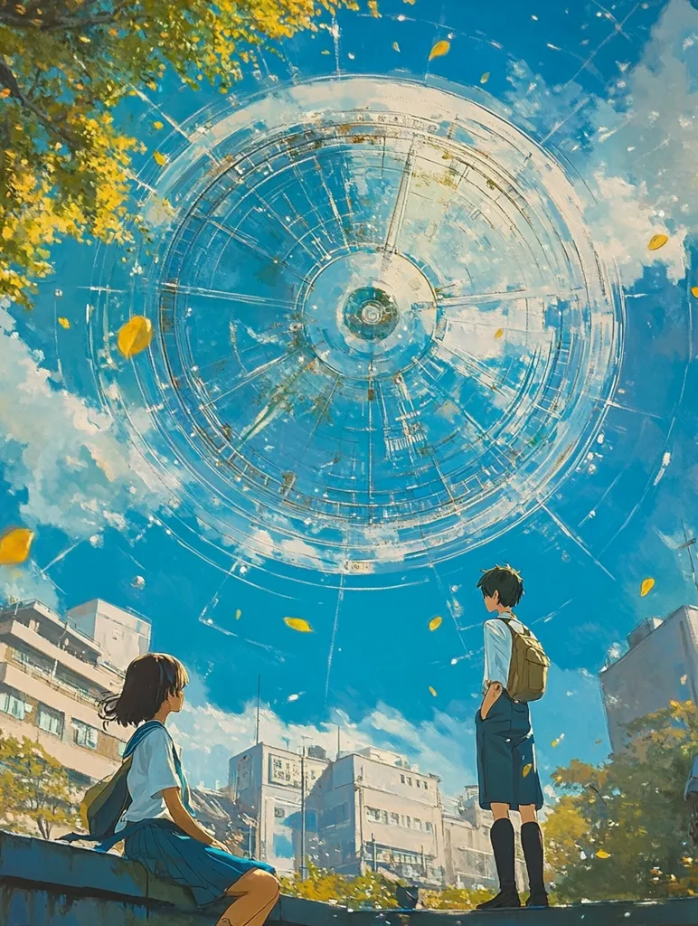 A young girl in a school uniform sits on a ledge looking up at a giant circular structure in the sky. A boy, also in a school uniform, stands next to her, also looking up.  The sky is blue and there are fluffy white clouds. The scene is framed by buildings and trees. There are yellow leaves falling from the trees.