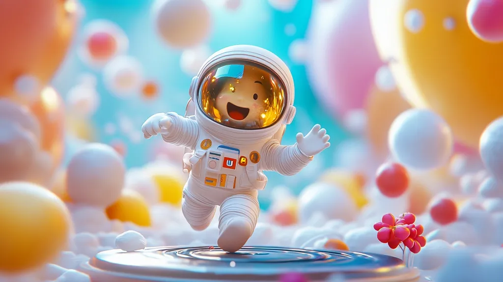 A cartoon astronaut in a white spacesuit with a golden helmet and visor, smiles joyfully as he runs across a platform, his arms outstretched. He is surrounded by pastel-colored orbs and soft clouds, creating a whimsical and joyful scene. The image uses a soft focus effect and warm lighting, creating a dreamy atmosphere.