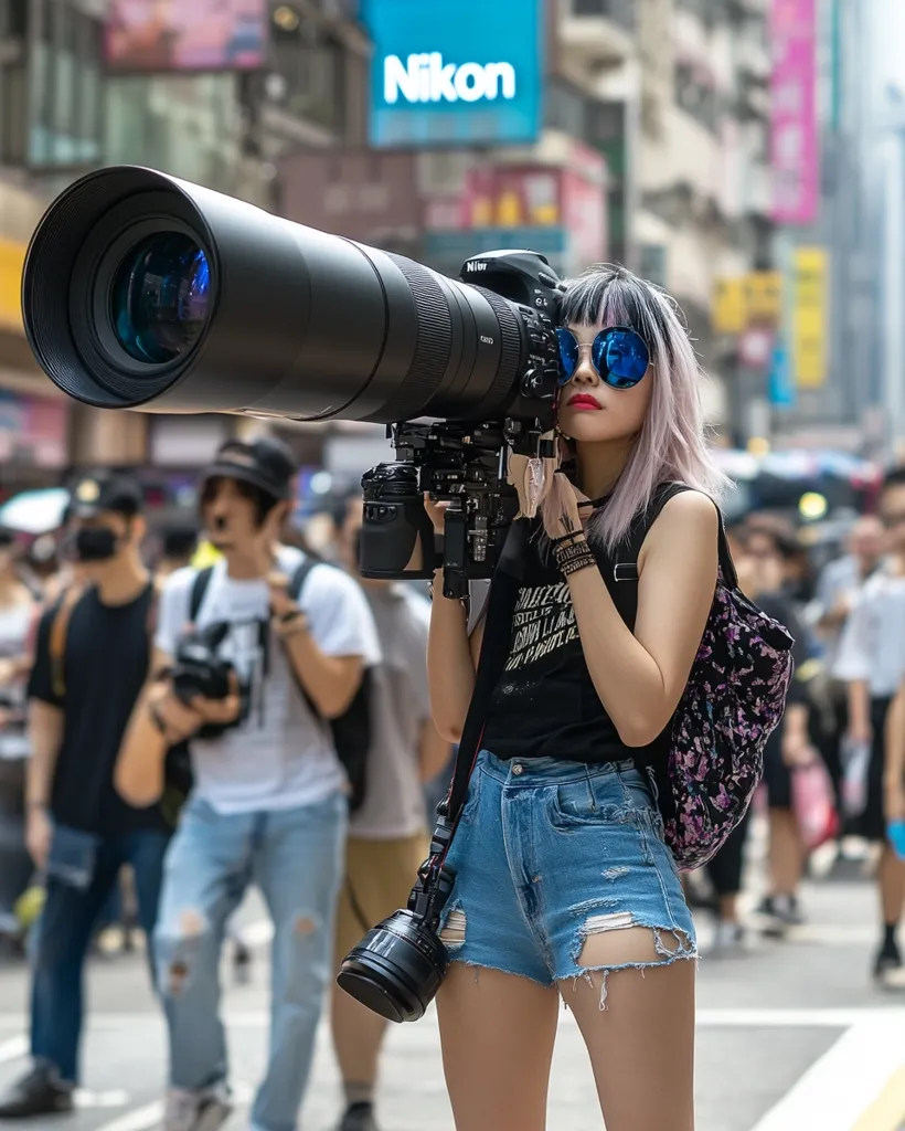 A young woman with pink hair and blue sunglasses holds a large, professional camera with a massive lens. She is in a crowded street, facing away from the viewer, taking a picture. The Nikon sign on the building behind her highlights the professional nature of the camera. The crowded street creates a sense of energy and bustle, while the woman’s focused expression highlights her passion for photography.