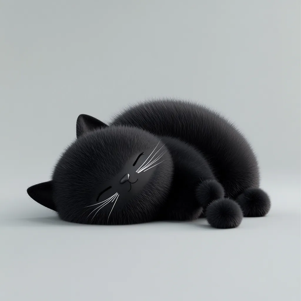 A black cat with fluffy fur is curled up in a sleeping position on a grey background. It has white whiskers and a small, black nose. It's head is resting on it's paws.  The image is simple and minimalist, with a focus on the cat.