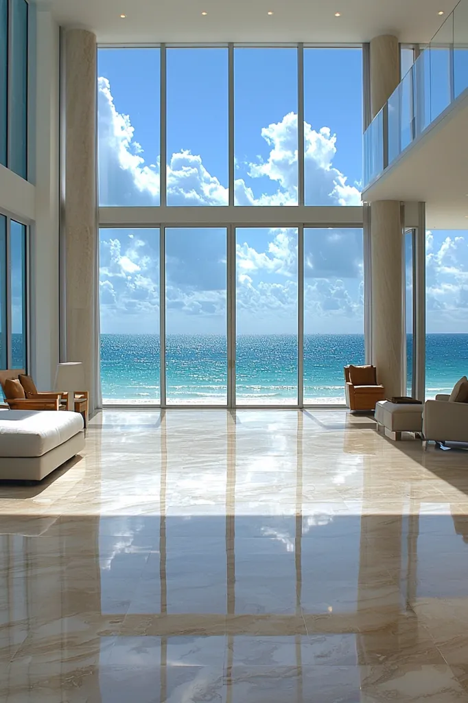 A modern, spacious living room with floor-to-ceiling windows overlooking a stunning ocean view. The room is bathed in natural light, reflecting off the glossy marble floor and creating a sense of tranquility. There are a few pieces of furniture, including a white sofa and a brown armchair, suggesting a comfortable and inviting space. The scene exudes a sense of luxury and relaxation.