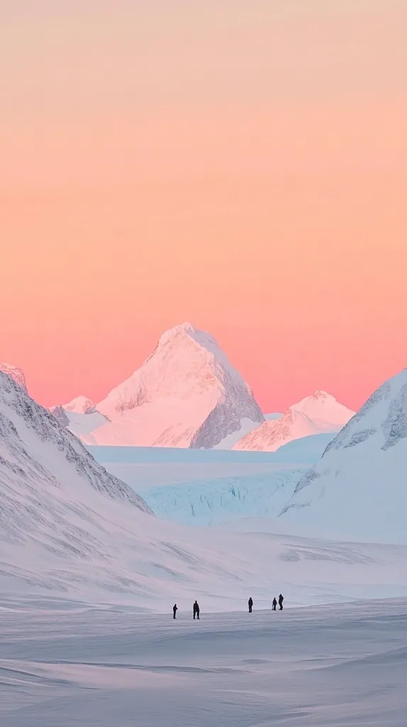 A panoramic view of a snowy landscape, with a prominent mountain peak in the distance, is illuminated by a soft, pink-hued dawn.  The sky is a gradient of peach and light blue, while the foreground reveals a group of six figures, their silhouettes stark against the pristine white snow. The overall scene is one of serene beauty and vastness.