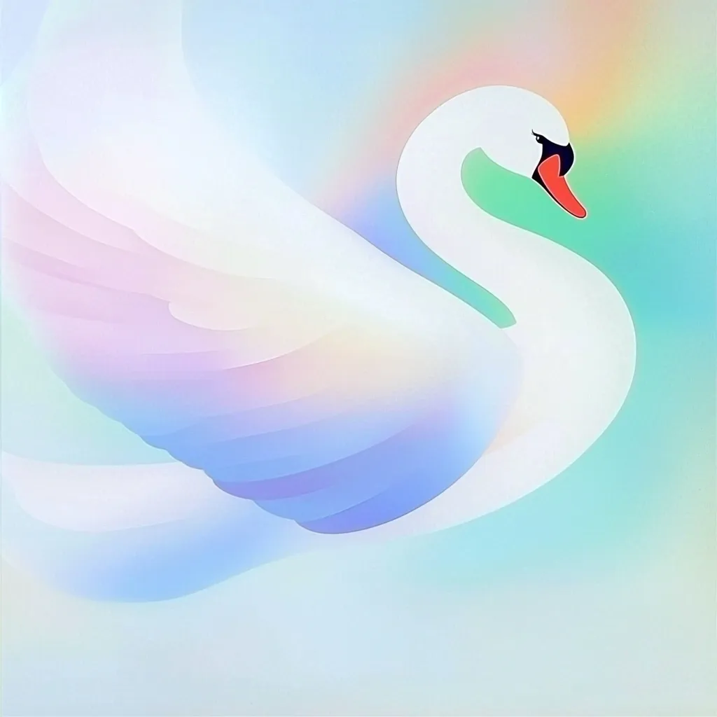 The image is a minimalist depiction of a white swan with an orange beak,  set against a pastel blue and pink background. The swan's body is stylized, with its wings flowing into the background, creating a sense of motion and tranquility.  The image has a dreamy and ethereal quality.