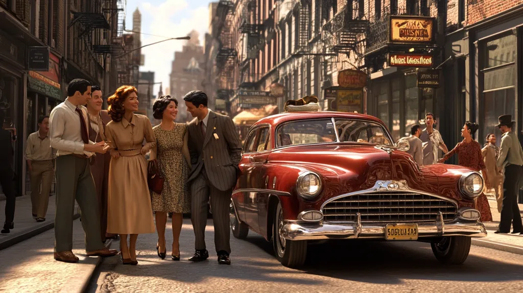 A group of four people, two men and two women, are walking down a city street. They are all dressed in 1940s fashion and look like they are enjoying a day out. A classic red car is parked in the street behind them, and there are other people walking around them.  The city is filled with buildings and shops with old-fashioned signage. It's a vibrant scene from a bygone era.