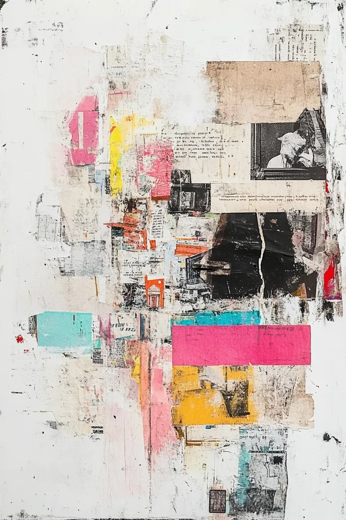 The image is a collage of various textures and colors, featuring pieces of paper, fabric, and other materials, layered and overlapped to create a visually dynamic and abstract composition.  There are hints of  figures and text peeking through the layers, adding a sense of depth and mystery. The overall effect is a chaotic yet harmonious blend of textures and colors, inviting the viewer to explore its layers and uncover its hidden meanings.