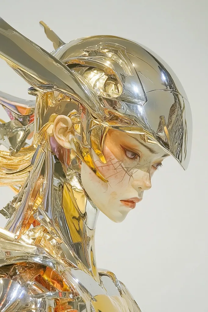 A close-up of a gold and silver sculpture of a woman with a helmet. The woman's face is soft and delicate, while the helmet is sharp and angular. The sculpture is highly detailed and realistic, and it has a futuristic or sci-fi aesthetic. The image is likely taken in a museum or gallery, as the background is a simple white wall.