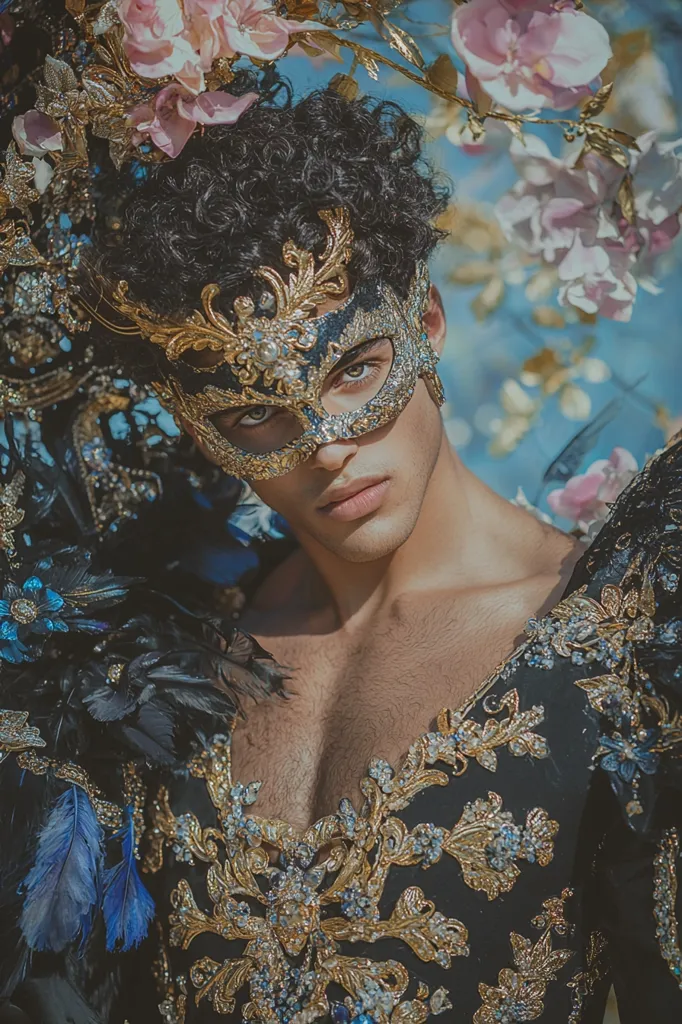 Black young adult man masked in costume as Scaramouche for the Commedia dell'arte, queer academia fawncore gay interest glamour fashion photography HDR --ar 2:3 --quality 2 --personalize v6ai6m4 --stylize 800 --v 6.1