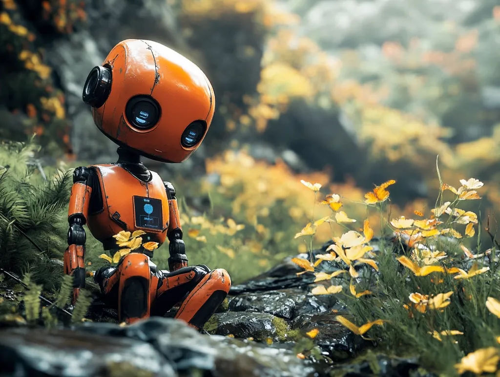 An orange robot with large, round eyes sits on a mossy rock, surrounded by a field of yellow wildflowers. The robot's metallic body and face are weathered, giving it a sense of age and wisdom. It looks down at the flowers with a contemplative expression, suggesting a quiet moment of reflection in nature. The overall tone is peaceful and serene, evoking a sense of connection between the robot and the natural world.