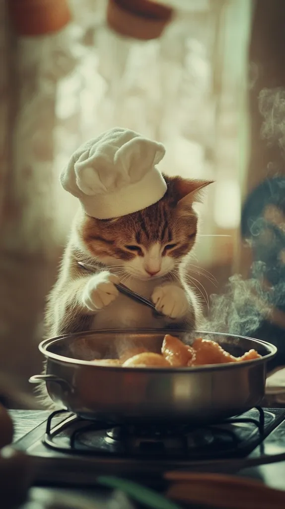 A tabby cat wearing a white chef's hat is standing at a stovetop, using tongs to stir food in a steaming pot. The cat is focused and intently looking at the pot. The kitchen is warm and inviting. The cat looks like a professional chef, carefully preparing the food.  The scene is humorous and endearing, highlighting the playful nature of cats.