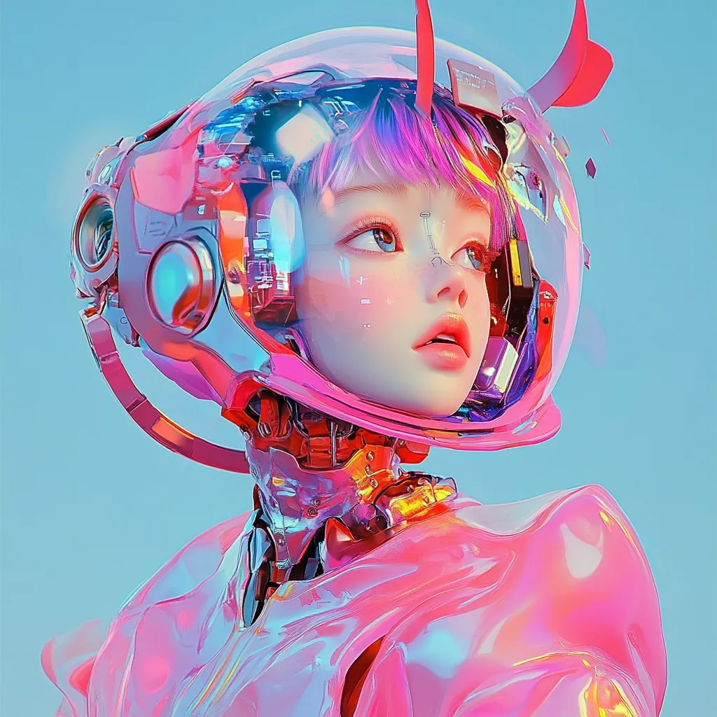 A young woman with pink hair and a futuristic helmet looks up with a curious expression. The helmet is shiny and chrome, adorned with red horns. Her suit is a vibrant pink with iridescent highlights, creating a captivating blend of futuristic and feminine aesthetics. The background is a soft blue, emphasizing the subject's vibrancy.
