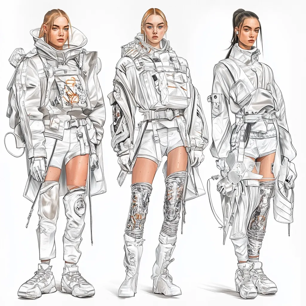 The image depicts three women dressed in futuristic, white, and intricately detailed outfits. Each woman has a different hairstyle and facial expression, adding personality to their individual style. The clothing features layered fabrics, buckles, and straps, creating a rugged yet fashionable aesthetic. The overall tone is futuristic and sleek, hinting at a blend of style and function.