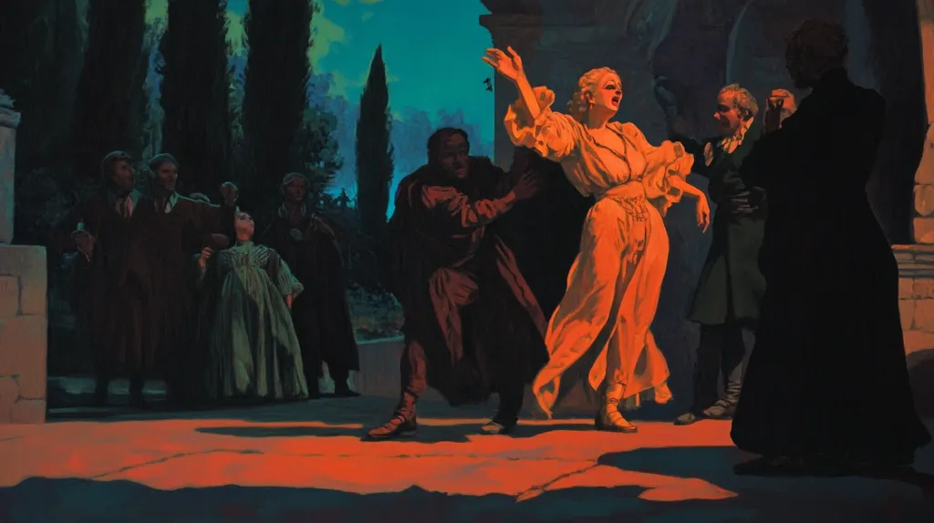 The image depicts a dramatic scene with a group of people in period clothing. A woman in a long orange dress is reaching out with her arms raised, seemingly in distress, as a man in a brown cloak holds her back. A man in a black coat stands behind her, seemingly about to intervene. Other figures in the background observe the scene with varying degrees of concern. The setting appears to be outdoors, with tall trees and a stone wall in the background. The overall mood of the scene is intense and suspenseful.