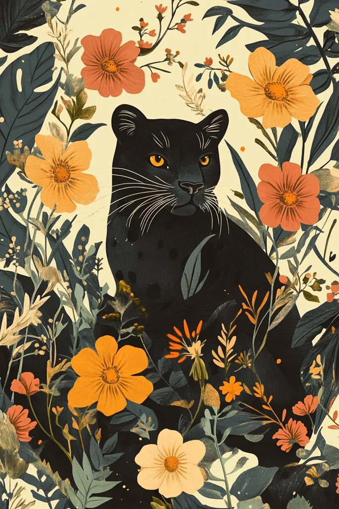 A black panther sits amidst a vibrant floral scene. The panther's sleek black fur contrasts with the bright yellow, orange, and red flowers. The foliage is a mix of dark greens and light blues, adding depth to the image. The overall effect is one of striking beauty and a sense of the wild.