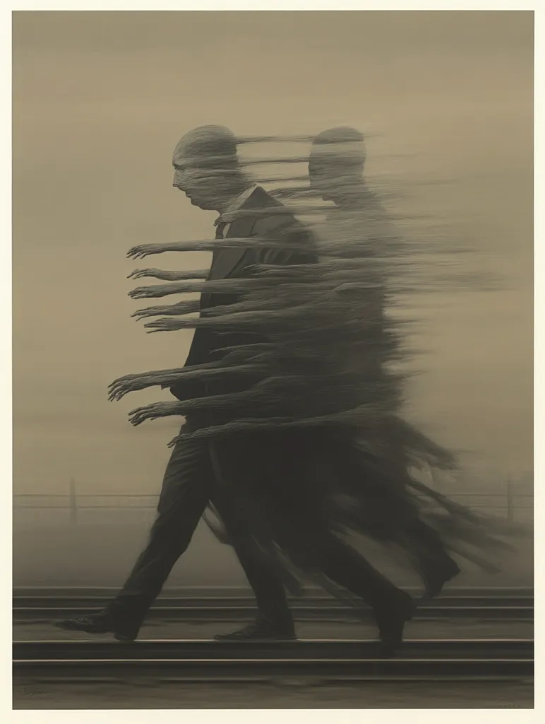A man in a suit walks across train tracks with multiple ghostly figures, their arms and faces blurring into the background. The scene is shrouded in a hazy, ethereal mist, suggesting a surreal or supernatural experience. The man's isolated figure and the multiplicity of blurred figures create a sense of both isolation and connection.  The image captures the ephemeral nature of memories, identities, and the passage of time.  The overall tone is unsettling and mysterious.