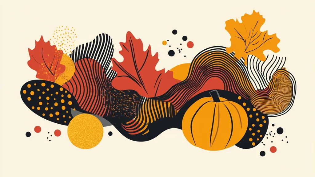 A stylized image of autumn with a pumpkin in the center.  Red, yellow, and orange leaves are arranged around it with a  black and white pattern. There are also black polka dots and red dots on the background. It has a modern, abstract feel.