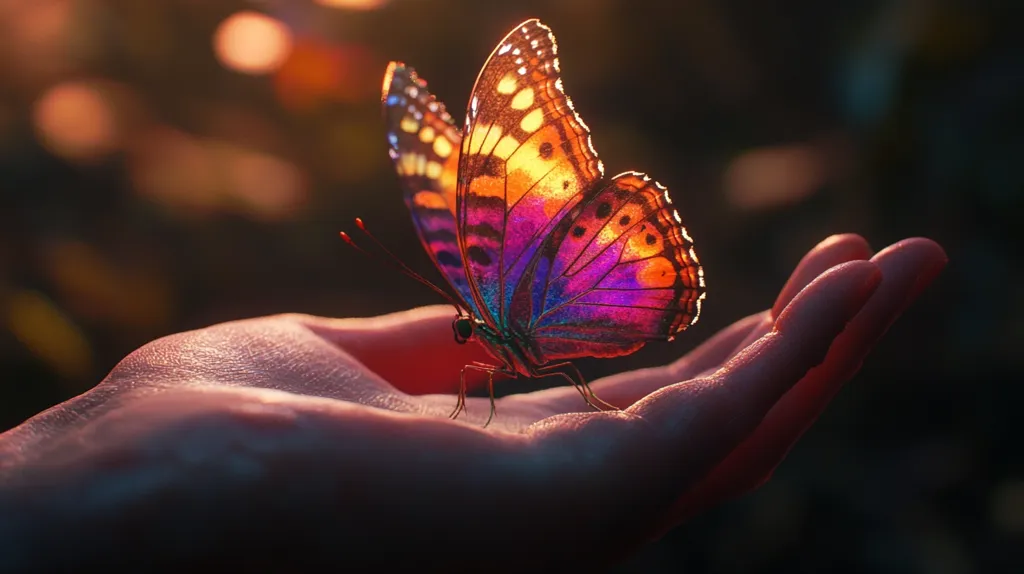 A vibrant butterfly, its wings a kaleidoscope of orange, purple, and blue, rests delicately on an outstretched hand. The butterfly's intricate patterns and iridescent sheen are illuminated by the warm, golden glow of the setting sun, creating a stunning contrast against the dark background. The image captures a moment of tranquility and beauty, showcasing the delicate balance between nature and humanity.