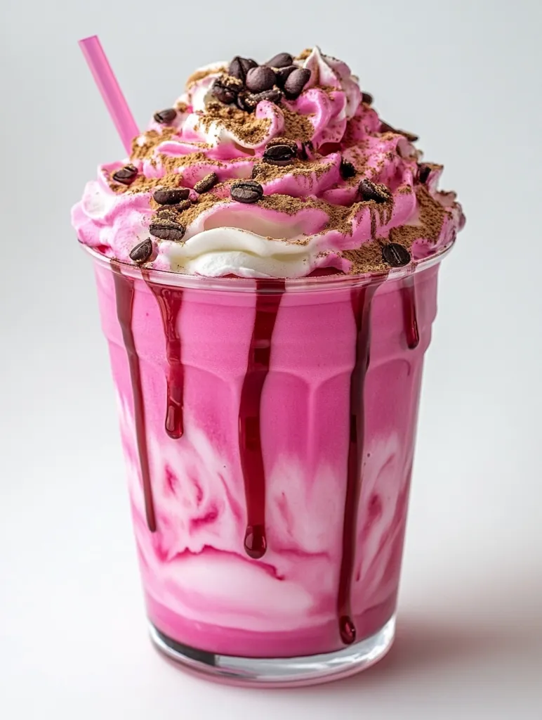 A pink and white milkshake with whipped cream and chocolate sprinkles is topped with a pink and white swirl. Drizzled with a red sauce, the milkshake sits in a clear glass with a straw. The drink appears delicious and refreshing, perfect for a hot day.  The background is white.