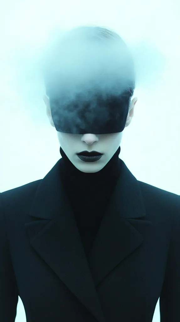 A person with a black blindfold over their eyes wears a black suit jacket and a black turtleneck sweater. They have dark makeup on and their hair appears to be enveloped in a cloud of smoke. The image is shot in front of a blue background with a lot of light.