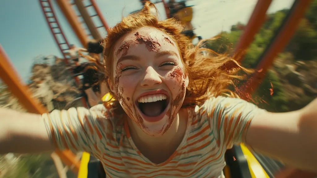 A young woman with red hair is riding a roller coaster. She is laughing and her face is covered in dirt. The camera is mounted on the coaster and is looking out from her perspective. The background is blurred and there is a lot of motion in the image. The image evokes a feeling of excitement and exhilaration.