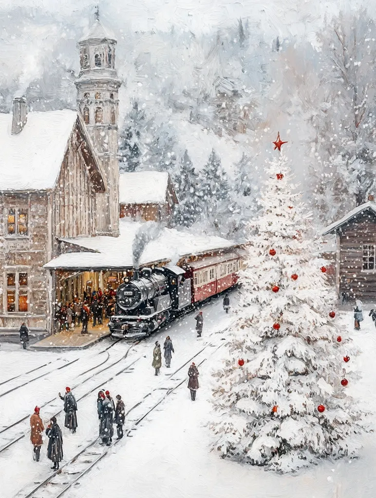 A snowy winter scene with a train arriving at a station.  The train is black with red stripes and is pulling into the station. There are many people on the platform waiting for the train.  A large, snow-covered Christmas tree stands nearby.  The station is a traditional wooden building with a tall tower. There is a light snowfall. The scene is painted in a realistic style.
