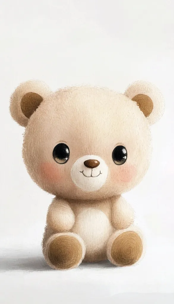The image is a close-up of a cute teddy bear sitting on a white surface. The bear is light brown with large black eyes, a small black nose, and a soft, fuzzy texture. It has a gentle smile and is sitting with its paws neatly tucked in front of it. The background is a simple white, emphasizing the bear's cuteness and innocence. The image creates a sense of warmth and comfort.