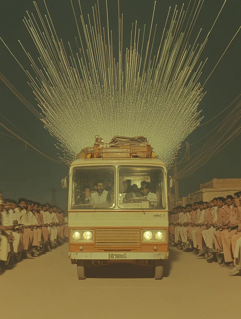 A vintage bus, packed with passengers, drives through a street at night. The bus is brightly lit, with a burst of light reflecting off its windows and body. Passengers sit both inside and on the roof, looking out at the road. The image is shot in a warm, golden tone, giving it a nostalgic feel.  A group of people on motorbikes ride behind the bus.  The scene is a glimpse of travel and life in a bygone era.