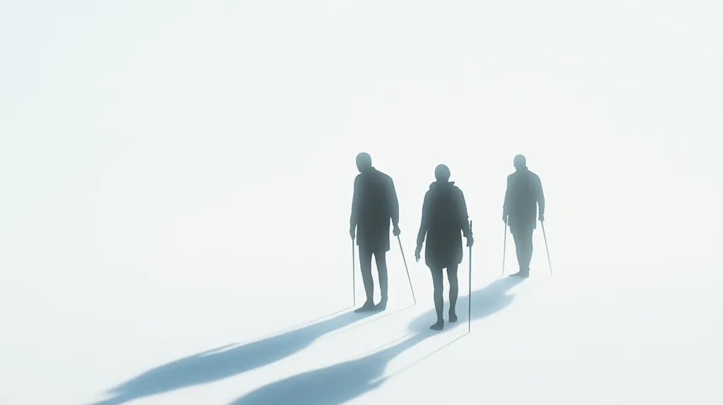 The image depicts three figures walking away from the viewer, silhouetted against a bright, white background. They are all holding walking sticks, and their figures are slightly blurred, suggesting motion. The image evokes a sense of mystery and movement, with the figures seemingly disappearing into the distance. The composition is simple, with the focus on the figures and their journey.