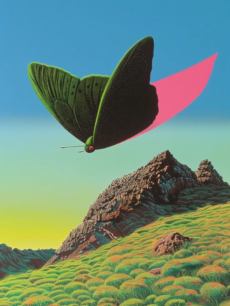 A large, green butterfly with a pink underwing flies over a rocky, brown mountain. The mountain is covered in green grass, and the sky is a gradient of blue and yellow.  The butterfly is a symbol of freedom and beauty, soaring over the natural world. The image has a surreal and dreamlike quality.