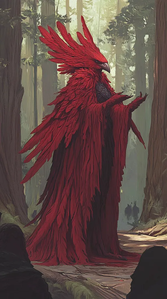 A large, crimson bird-like creature stands in a forest. It has long, red feathers that form a cloak around its body. Its head is slightly bent, and its eyes are closed. The creature is surrounded by tall trees, and the light is dim. The creature appears to be deep in thought or prayer.