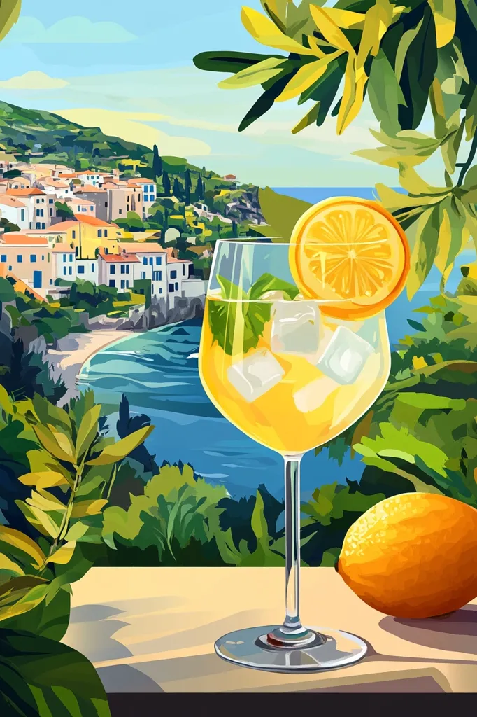 A glass of lemonade with a lemon slice resting on the rim, adorned with mint leaves and ice cubes, stands on a table. It sits before a picturesque view of a coastal town nestled amongst lush greenery, with a sparkling blue sea stretching out in the background. The scene evokes a sense of tranquility and summery bliss.