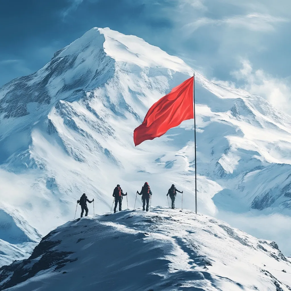 Four climbers stand on the snowy peak of a mountain, silhouetted against a bright blue sky. A red flag flies proudly on a pole behind them, flapping in the wind. The vast, snow-covered mountain range stretches out before them, a majestic backdrop for their achievement. The image evokes a sense of accomplishment and the thrill of conquering nature's challenges.