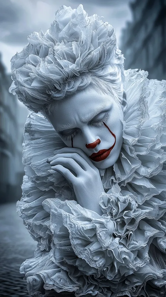 A person wearing a white clown costume with large ruffles sits with their head bowed down, their eyes closed, and their face painted with white makeup and red clown makeup. They have a single red tear running down their cheek. The costume is very detailed and the person is sitting in a pose of sadness or despair.