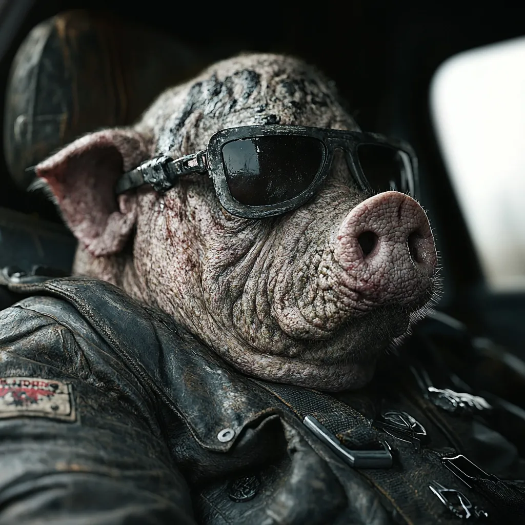 A pig with wrinkled skin and a large snout is wearing sunglasses and a black leather jacket. The pig appears to be sitting in the driver's seat of a car. The image is in focus and the lighting is soft. The pig's expression is serious and its eyes are hidden behind the sunglasses.