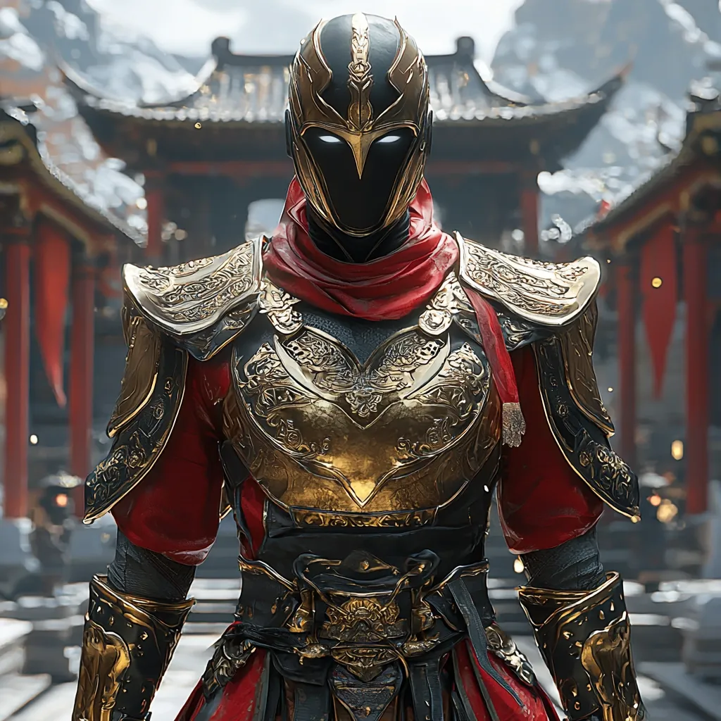 The image shows a warrior, clad in ornate, golden armor, standing in front of a traditional Chinese building. The warrior's helmet is black and features a golden crest, obscuring their face. The armor is intricately designed, with a prominent red sash and black undershirt. The warrior's stance and the surrounding environment suggest a scene of conflict or adventure. The image is rendered with realistic detail, emphasizing the warrior's imposing presence.