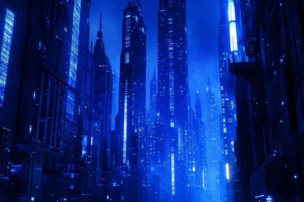 A towering cityscape of futuristic skyscrapers bathed in an electric blue light. The narrow streets are lined with towering structures, their windows glowing with an ethereal light. The sky above is a deep, inky blue, creating a sense of mystery and awe. The city's futuristic design and vibrant blue hue evoke a sense of wonder and possibility.