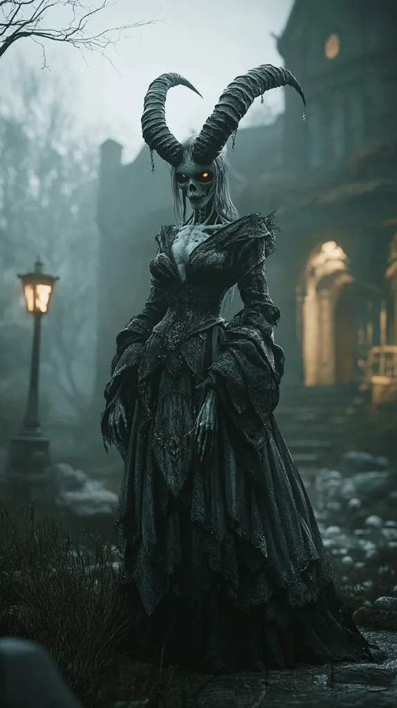 A skeletal figure with horns and glowing red eyes stands in a dark, ominous setting. They are dressed in a flowing black gown and appear to be female. The figure is positioned in front of a large, foreboding building with a street lamp casting a dim glow in the distance. The overall atmosphere is eerie and suggestive of supernatural events.  The figure's presence evokes a sense of mystery and unease.