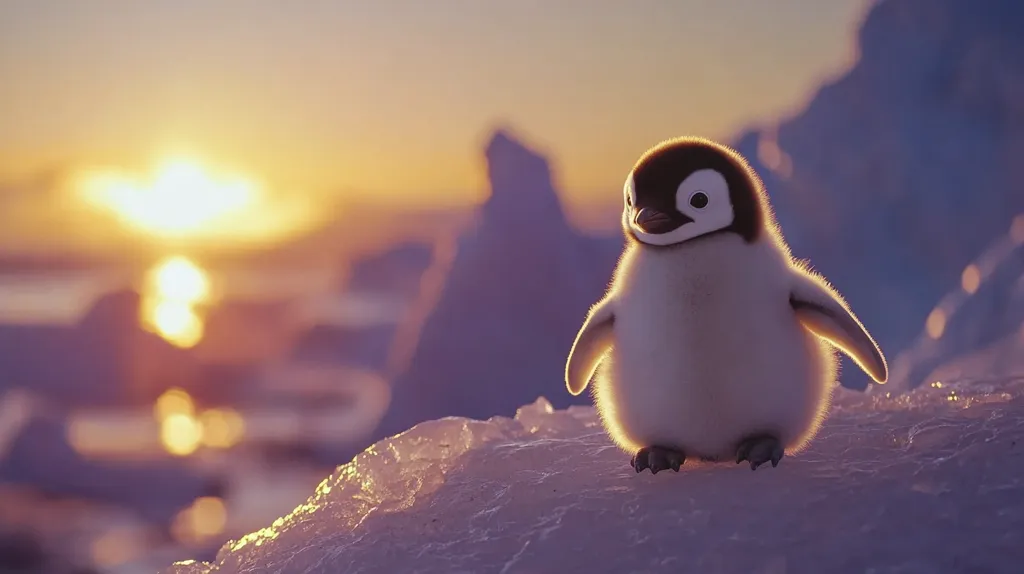 A fluffy baby penguin stands on a snowy surface, with a blurred background of ice formations and a bright, golden sunset. The penguin has a small, black head and a white body, with a soft, downy texture. The setting sun casts a warm glow on the scene, creating a serene and enchanting atmosphere.
