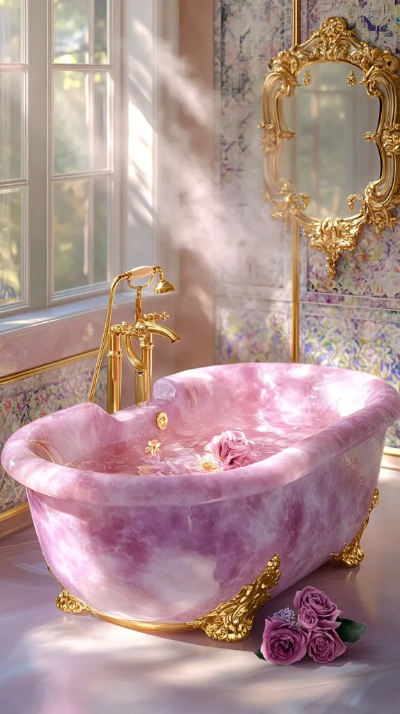 A luxurious bathroom features a pink marble bathtub with gold accents. The tub is filled with water and a single rose floats on the surface. Sunlight streams through a window behind the tub, illuminating the space.  A ornate gold-framed mirror hangs on the wall above the tub, adding a touch of elegance to the room. The image creates a sense of peace and relaxation.