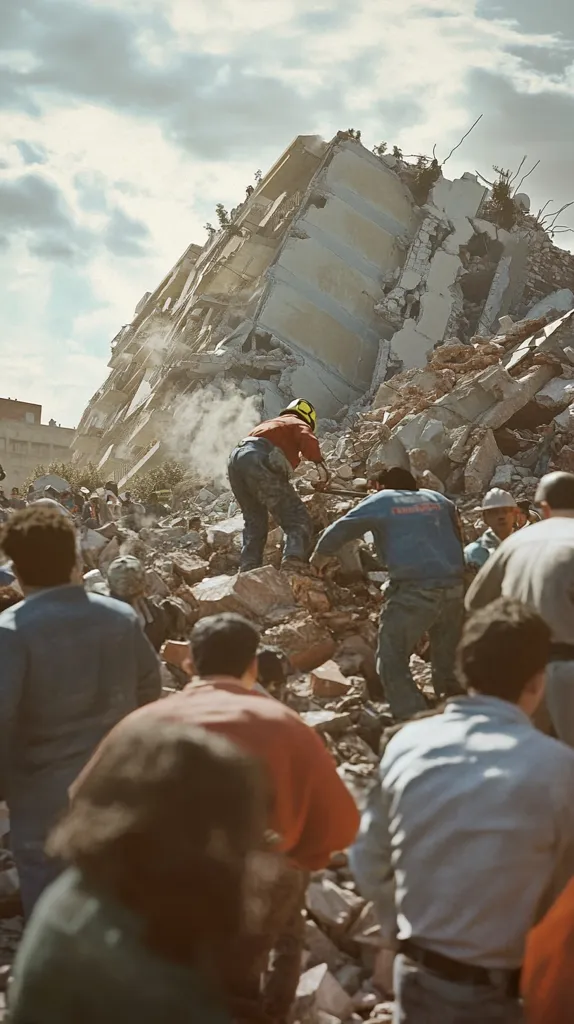 The image shows the aftermath of a building collapse. A large, concrete building has been reduced to rubble, with debris scattered across the ground. People are gathered in the midst of the wreckage, some helping to clear debris, while others look on in shock and disbelief. One person, wearing a yellow hardhat, appears to be leading a rescue effort. The scene is chaotic and unsettling, reflecting the devastating impact of the collapse.