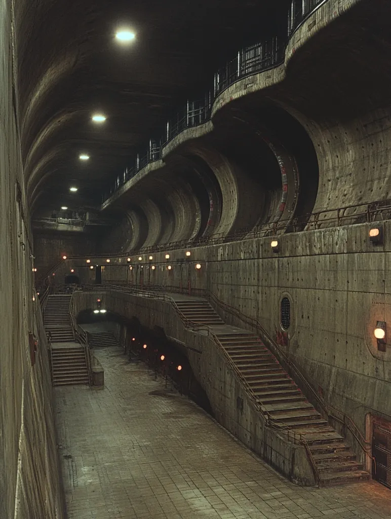 The image shows a dimly lit, concrete underground tunnel with multiple levels connected by long staircases. The tunnel's curved walls are lined with small lights and feature a series of arched recesses. The overall atmosphere is cool, dark, and slightly eerie, suggesting an abandoned or forgotten location.