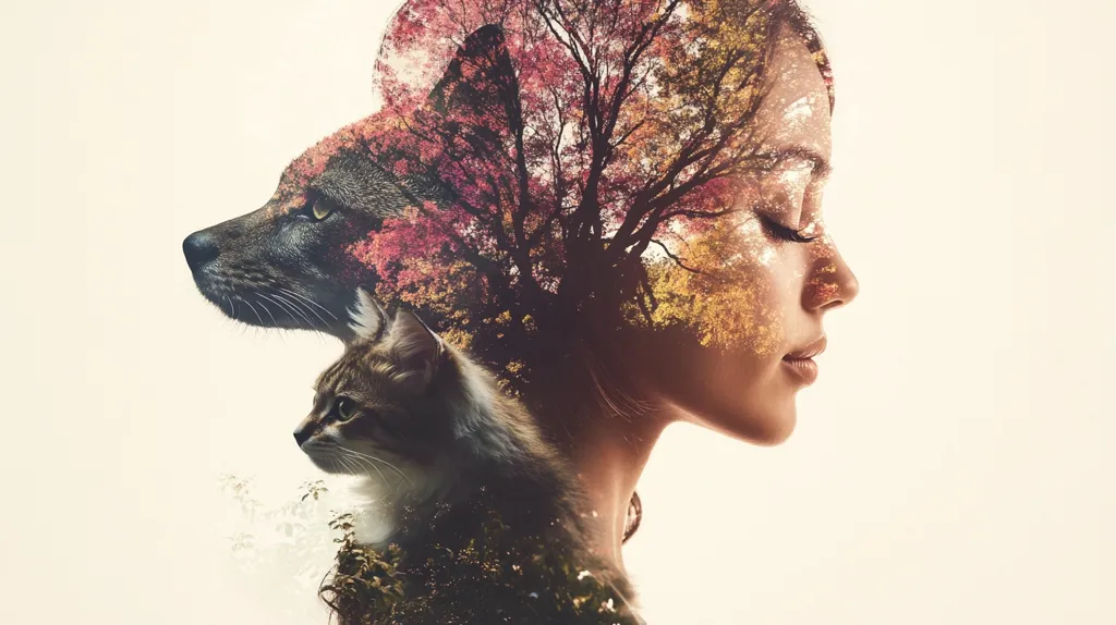 The image is a double exposure photo of a woman and nature. Her face is partially obscured by a tree with autumn leaves. A wolf's head and a cat are layered over her, creating a surreal and dreamlike composition. The woman's eyes are closed, suggesting tranquility and inner peace. The overall tone is peaceful and ethereal, hinting at a connection between humanity and nature.