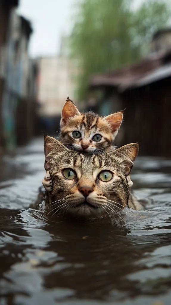 A large tabby cat is swimming in a murky puddle. A smaller tabby kitten is perched atop the cat's head, looking directly at the camera with big, curious eyes. The scene is set in a cluttered urban environment, with buildings and foliage blurring in the background. The cats' fur is wet and glistening, suggesting they have recently been swimming.  The image captures a moment of playful companionship between two feline siblings.  The composition is simple, focusing solely on the cats and their interaction.  The overall tone is lighthearted and whimsical.