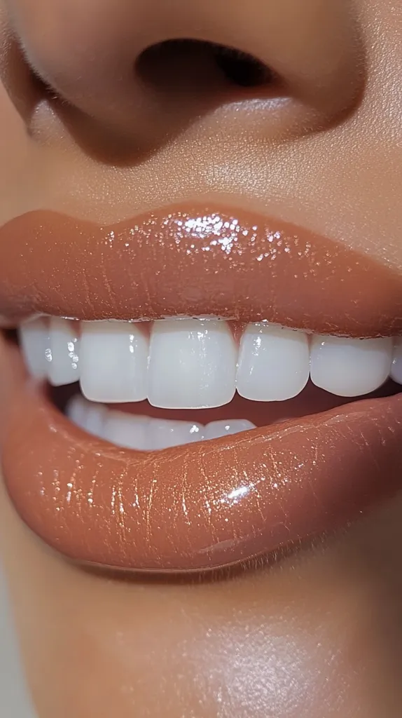 A close-up shot of a person's mouth with a glossy nude lipstick. The lips are slightly parted, revealing a set of perfectly aligned white teeth. The image is focused on the lips and teeth, with the rest of the face blurred in the background. The lighting is soft and warm, creating a smooth and polished look.