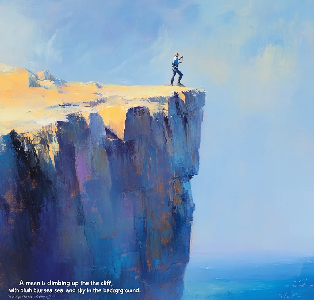 A man is climbing up a cliff. The cliff is tall and the man is small, making him look insignificant. The background shows a blue sea and sky, suggesting a vast and open world. The painting conveys a sense of solitude and ambition.