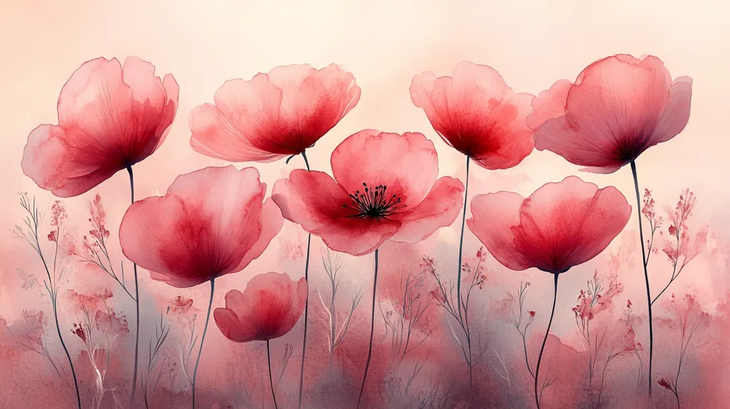 A watercolor painting depicts a field of delicate, pink poppies. The flowers are rendered in a soft, hazy style, creating a dreamy and ethereal atmosphere.  The background is a soft, pale pink, with hints of gray and white, suggesting a hazy, summer day. The image evokes a sense of peace and tranquility.
